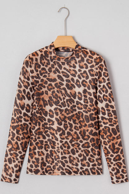 Brown Leopard Mock Neck Long Sleeve Mesh Top