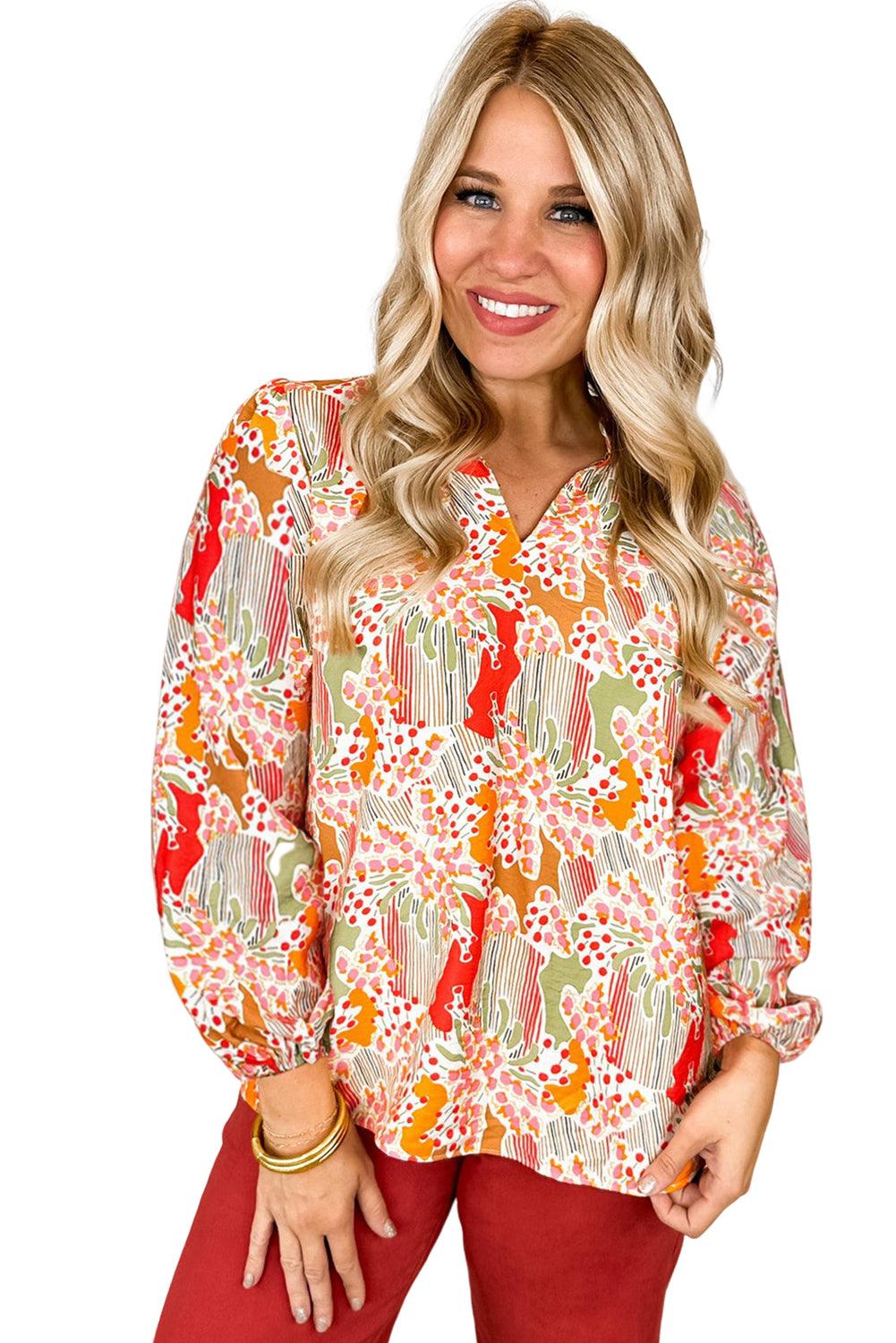 Orange Printed Floral Abstract Print Frilled V Neck Plus Size Blouse - L & M Kee, LLC