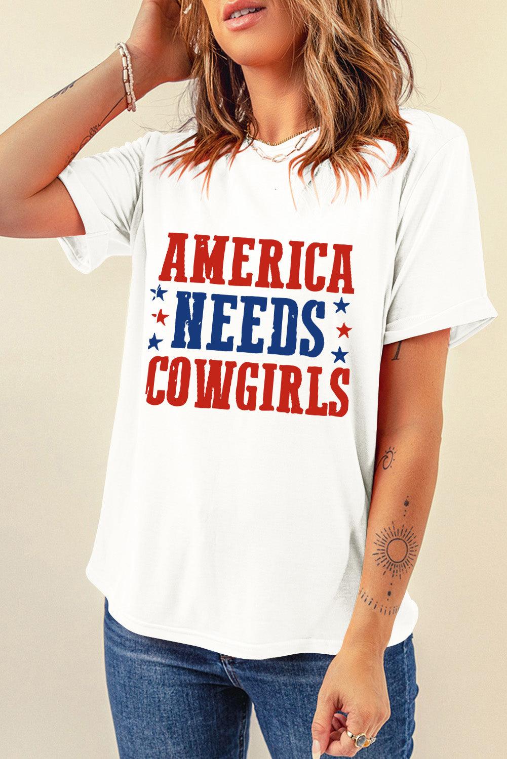 White America Needs Cowgirls Crew Neck Graphic Tee - L & M Kee, LLC