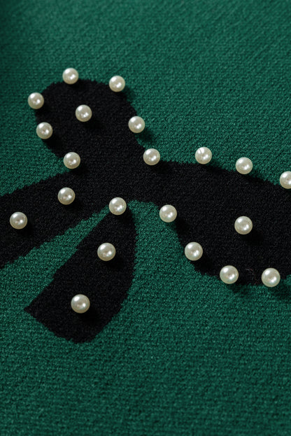 Racing Red Pearl Embellished Bow Pattern Loose Sweater