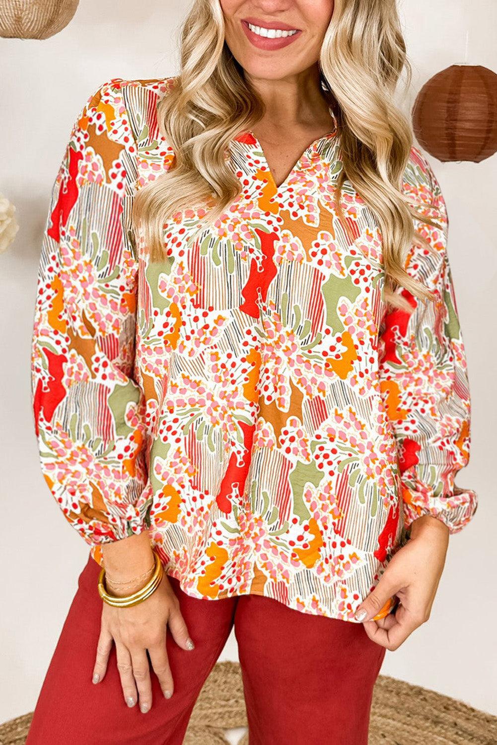 Orange Printed Floral Abstract Print Frilled V Neck Plus Size Blouse - L & M Kee, LLC