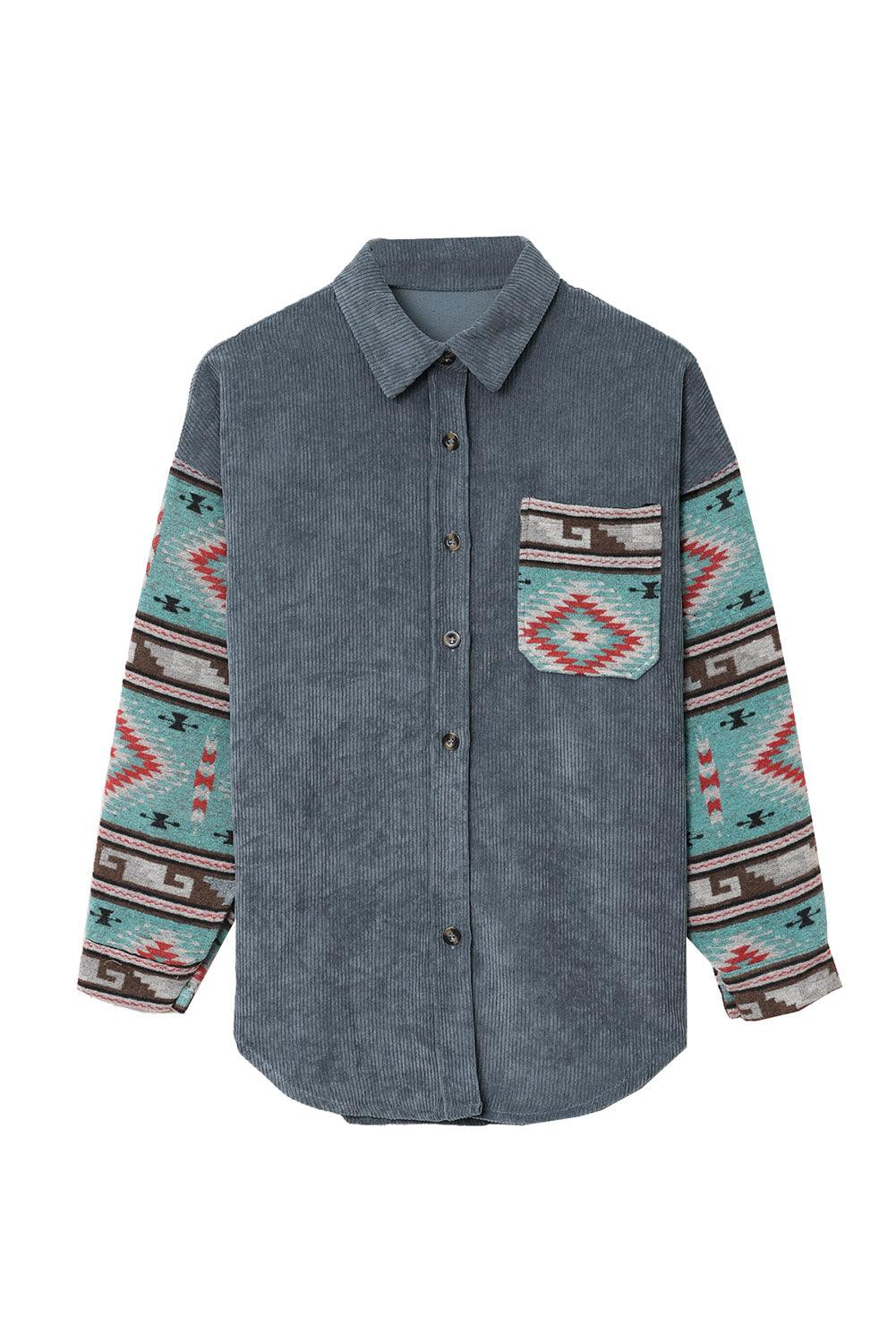 Aztec Pattern Sleeve Pocketed Corduroy Shacket - L & M Kee, LLC