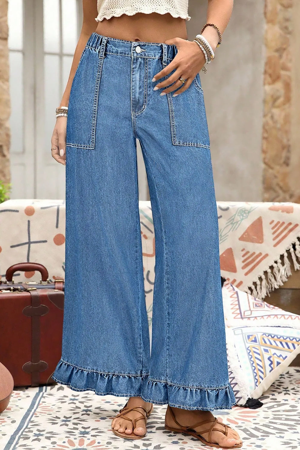 Sail Blue Plus Size Elastic Waist Ruffled Wide Leg Denim Pants