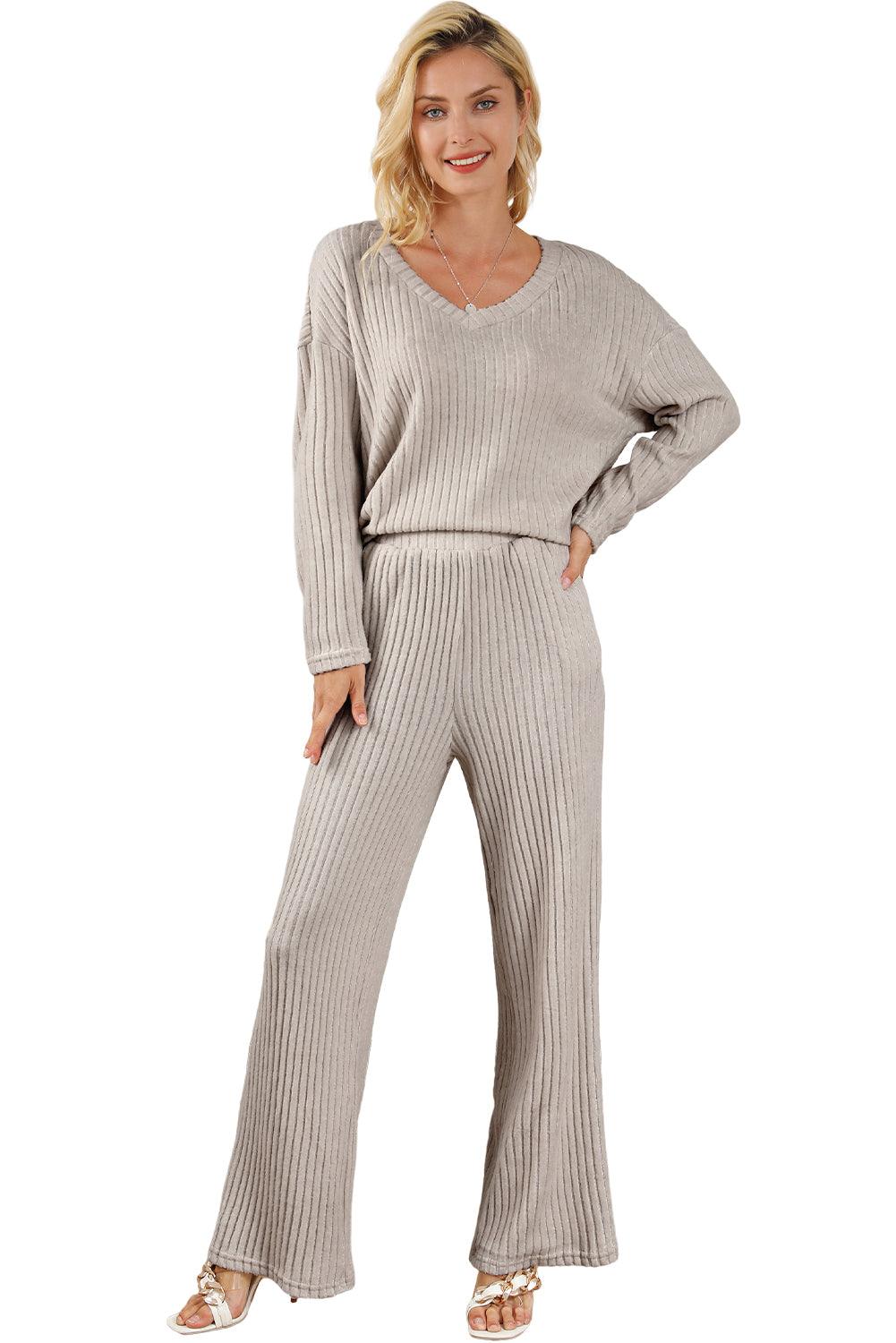 Khaki Ribbed Knit Bell Sleeve Crop Top Drawstring Pants Set - L & M Kee, LLC