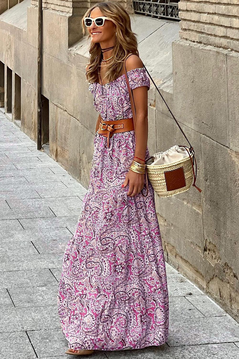 Pink Boho Paisley Print Off Shoulder Maxi Dress - L & M Kee, LLC