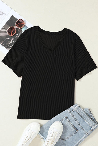 Black Corded V Neck Chest Pocket Loose T-shirt - L & M Kee, LLC