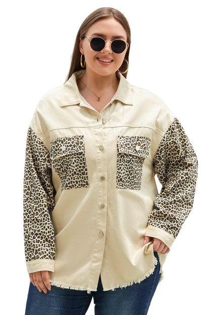 Apricot Plus Size Leopard Sleeve Raw Hem Denim Jacket - L & M Kee, LLC