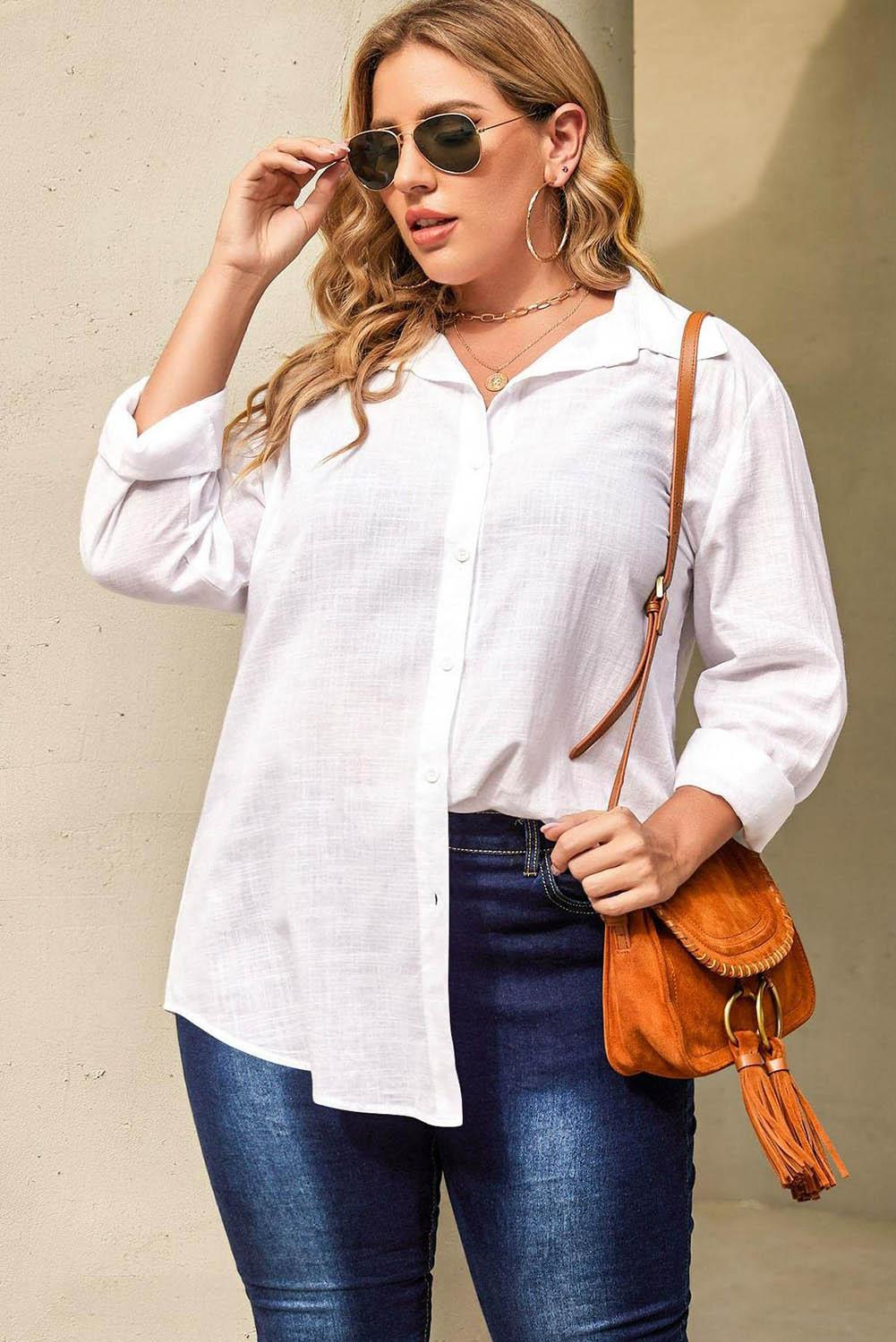 White Plus Size Linen Textured Button Up Shirt - L & M Kee, LLC
