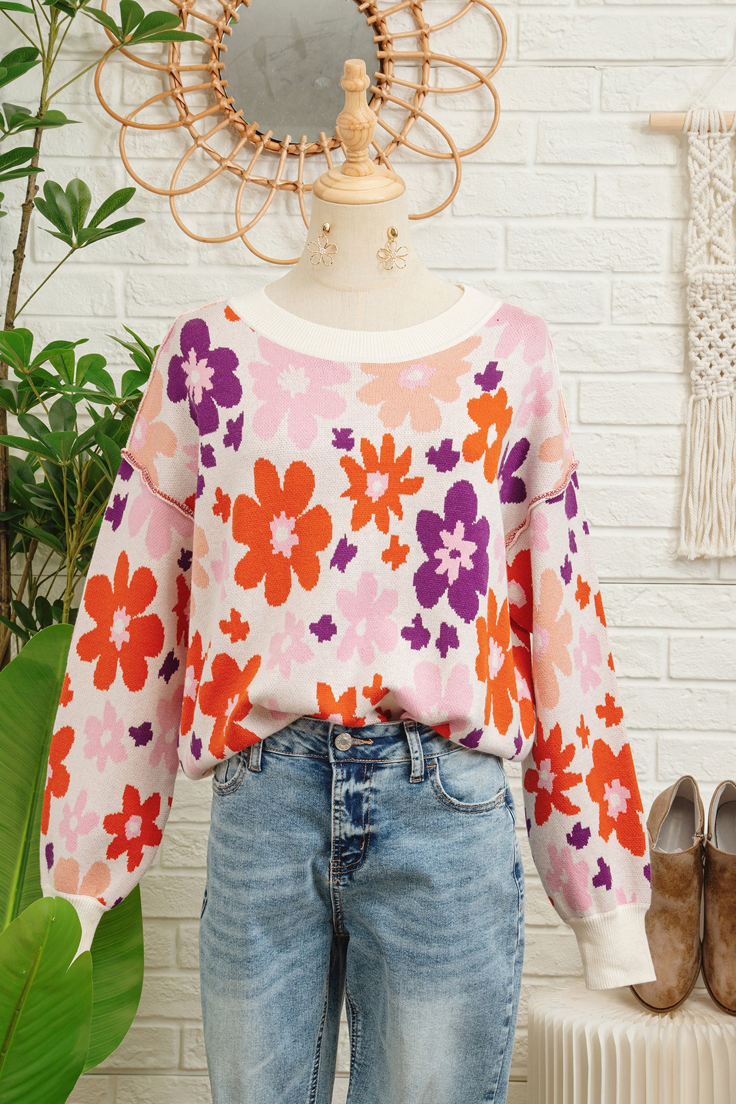 Khaki Fall Floral Pattern Drop Shoulder Sweater