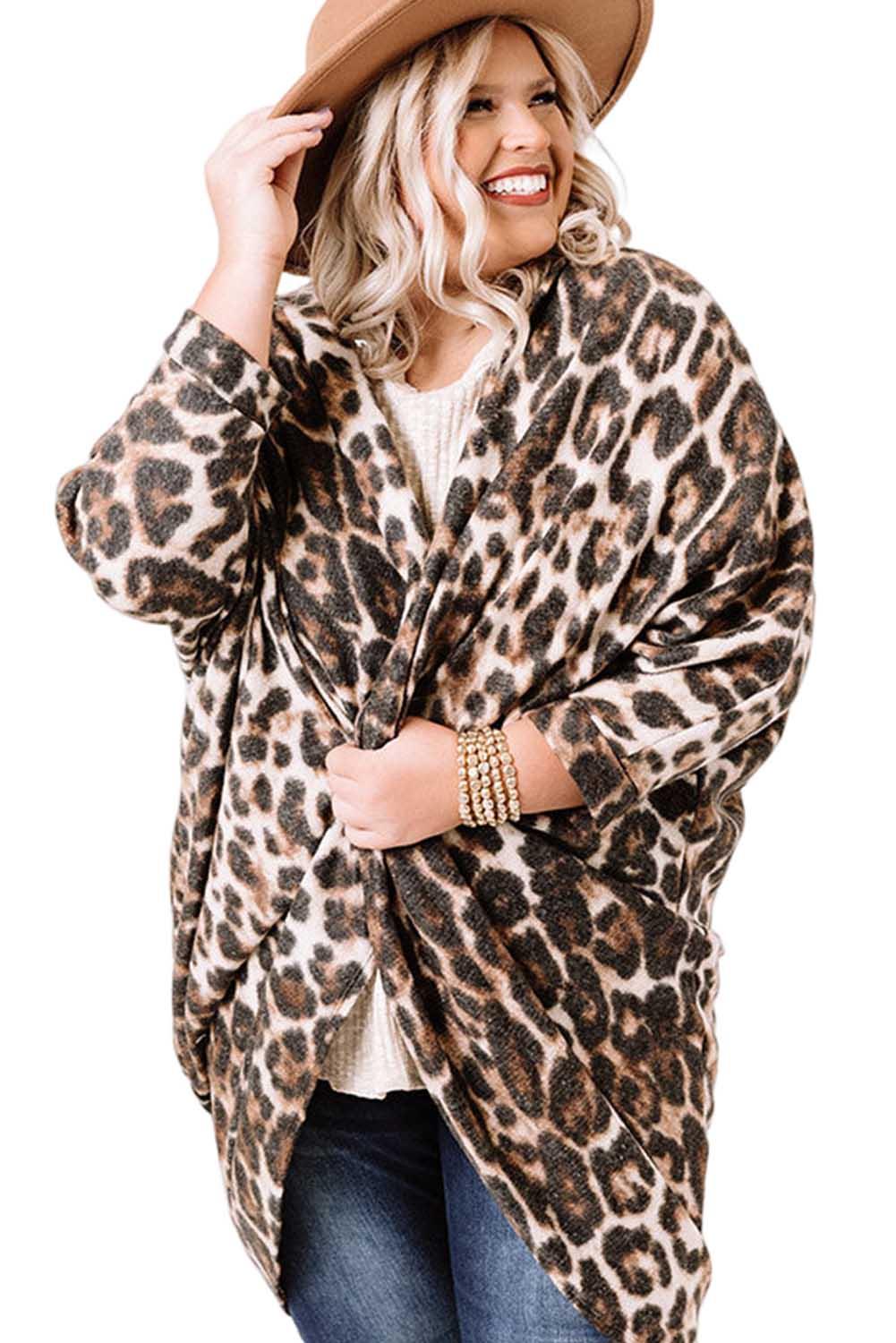 Leopard Plus Size Draped Open Front Cardigan - L & M Kee, LLC