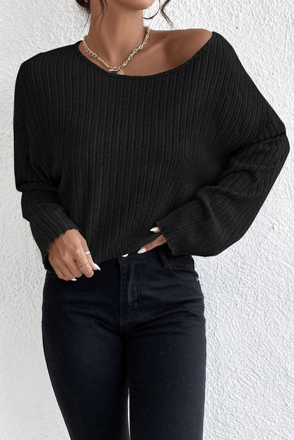 Black Lettuce Cuffs Drop Shoulder Loose Ribbed Knit Top - L & M Kee, LLC