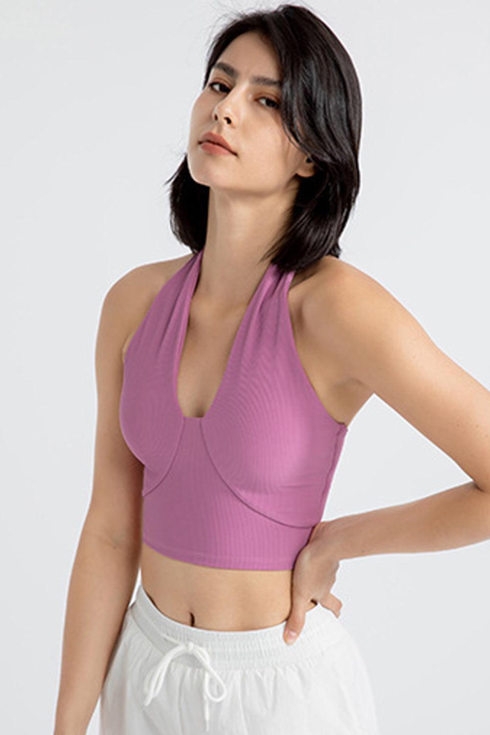 Phalaenopsis Sleeveless Halter Neck Active Sports Bra - L & M Kee, LLC