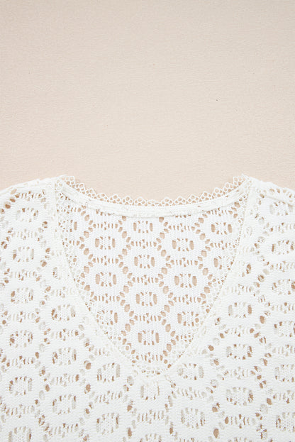 Beige Flower Lace V Neck Ruffled Sleeve Top