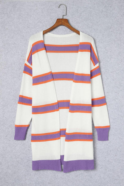 Beige Striped Long Sleeve Ribbed Trim Button Cardigan - L & M Kee, LLC