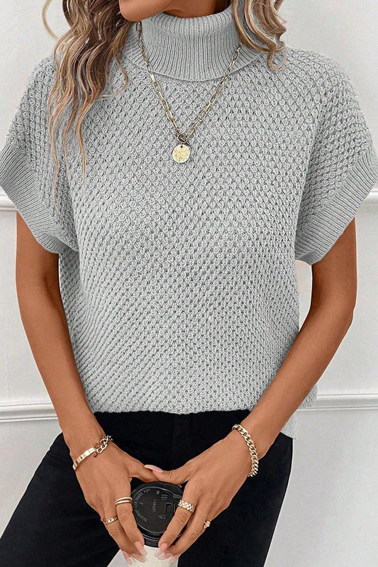 Light Grey Turtleneck Textured Short Sleeve Sweater - L & M Kee, LLC