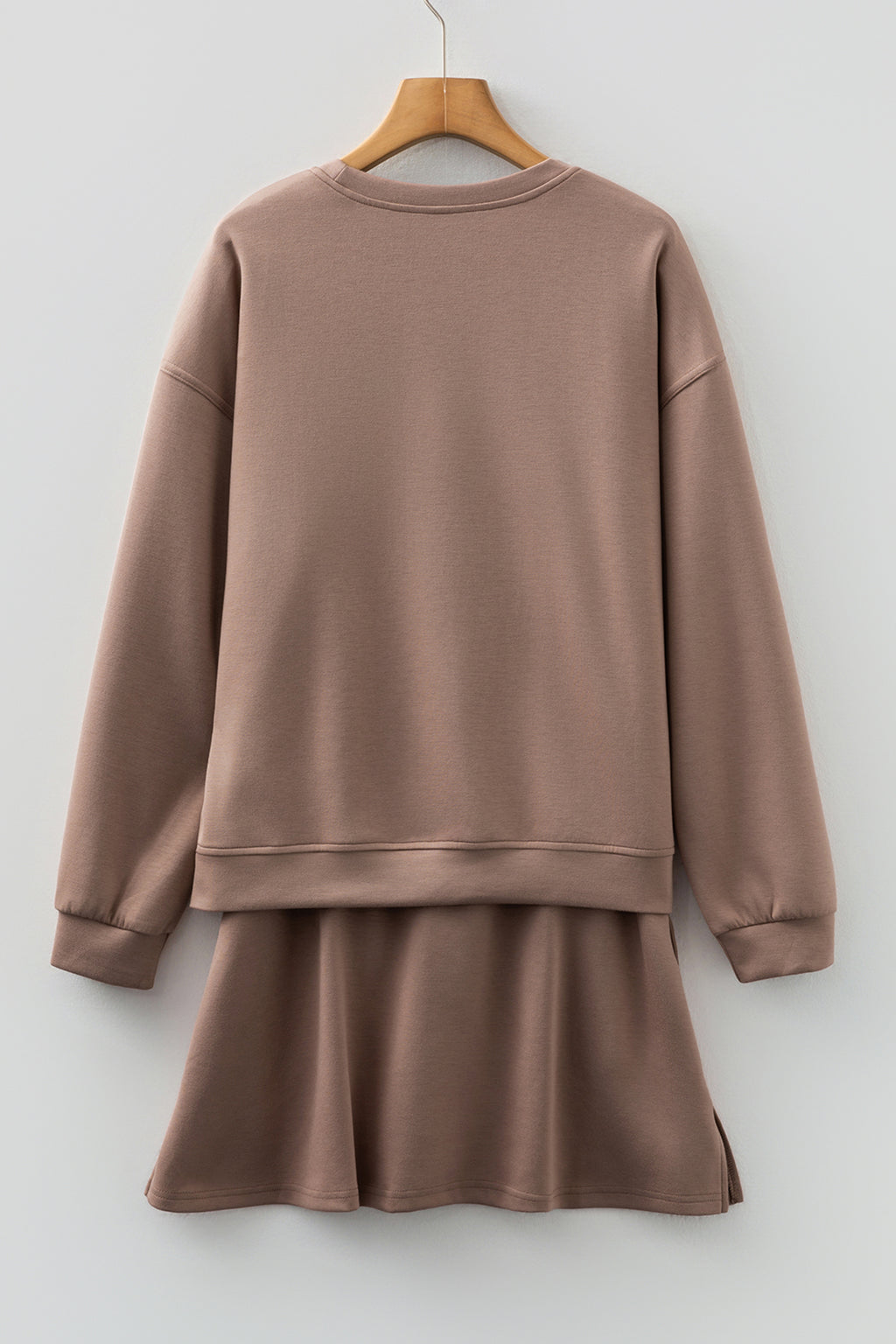 Coffee Solid Color Drop Shoulder Pullover Drawstring Mini Skirt 2pcs Outfit