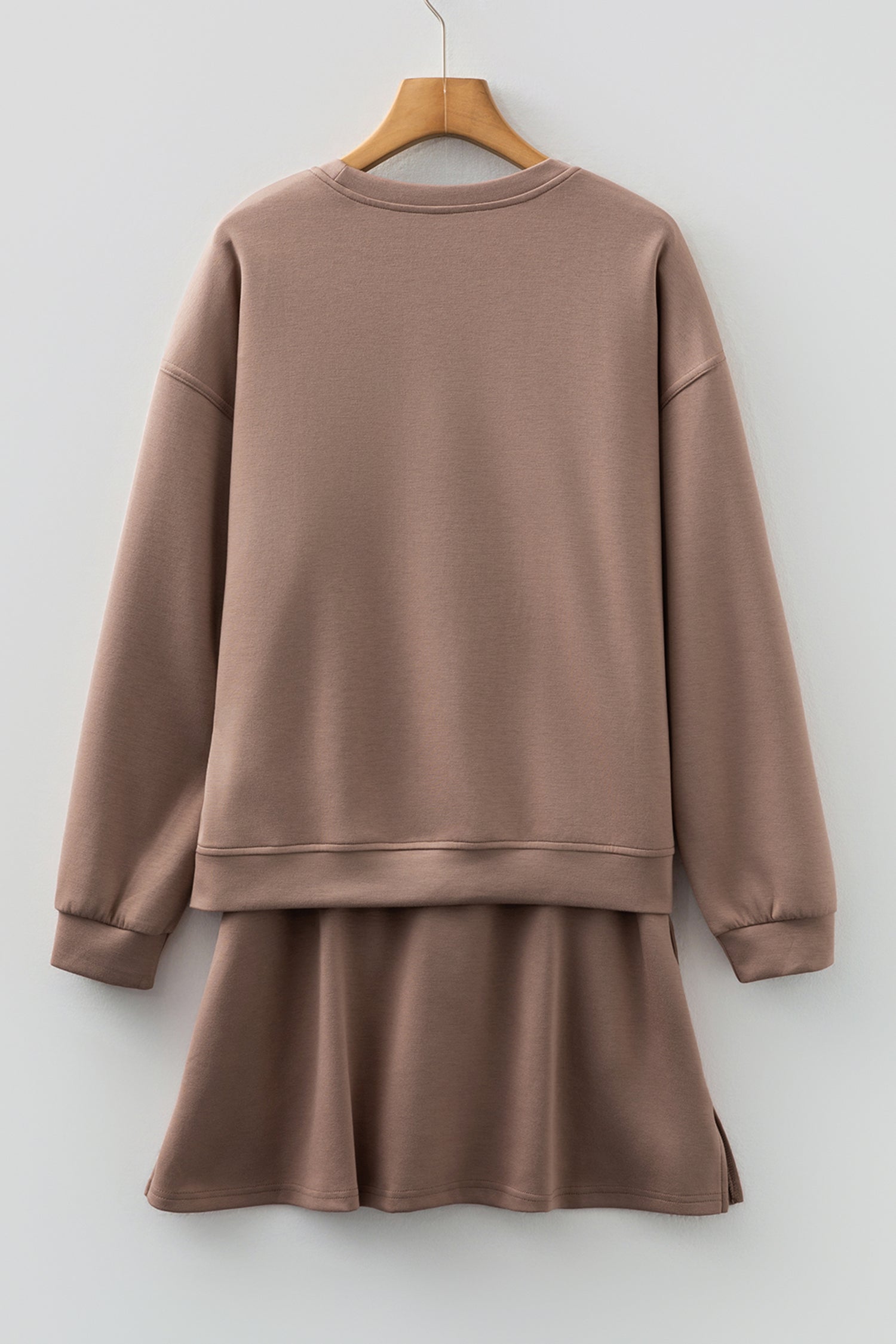 Coffee Solid Color Drop Shoulder Pullover Drawstring Mini Skirt 2pcs Outfit