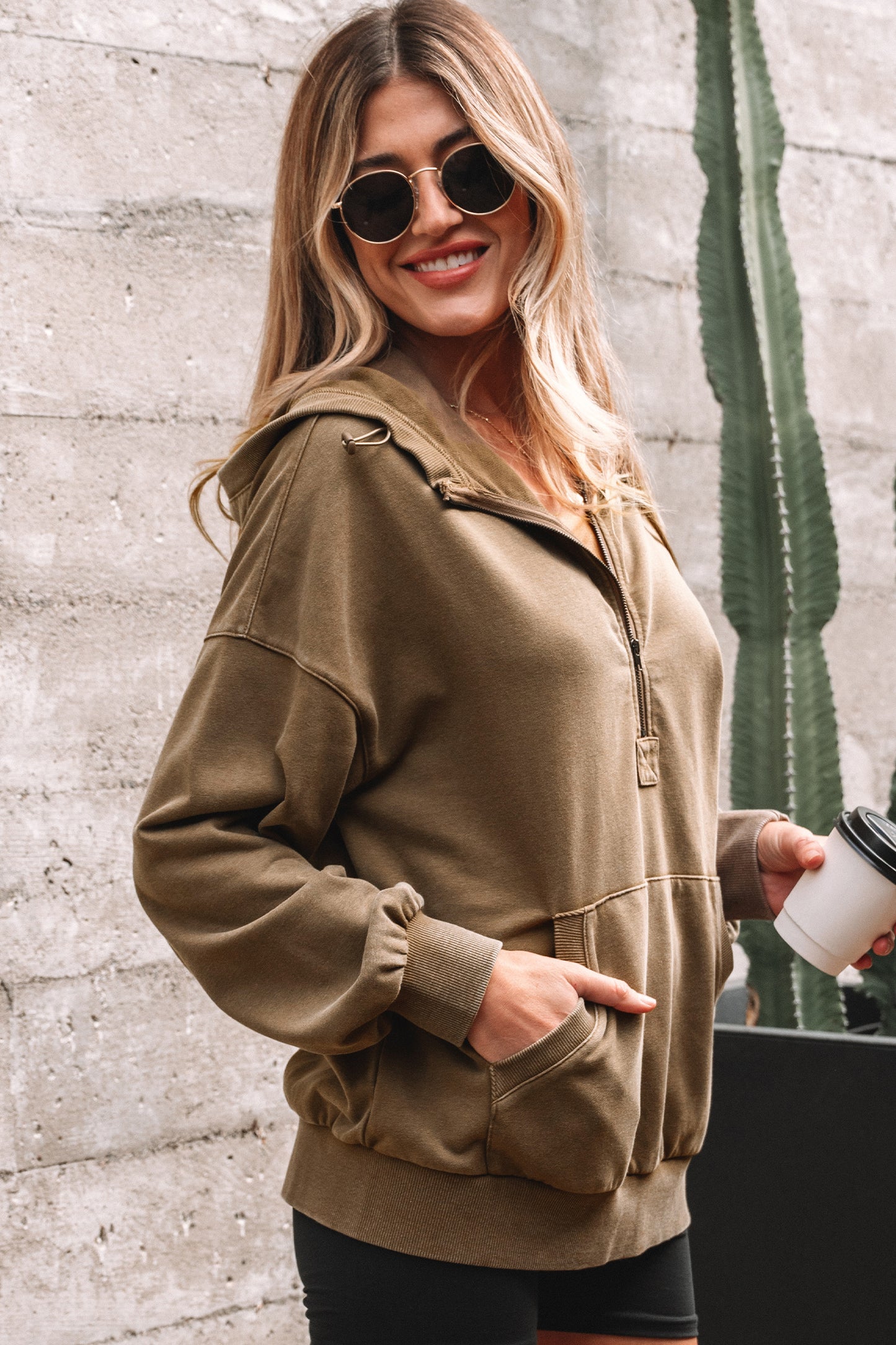 Black Half Zip Kangaroo Pocket Mineral Wash Baggy Hoodie