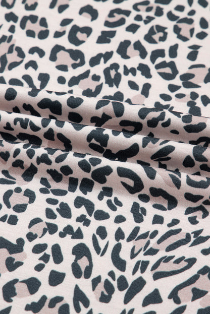 Khaki Leopard Print Contrast V Neck Varsity Stripe Detail Long Sleeve Top