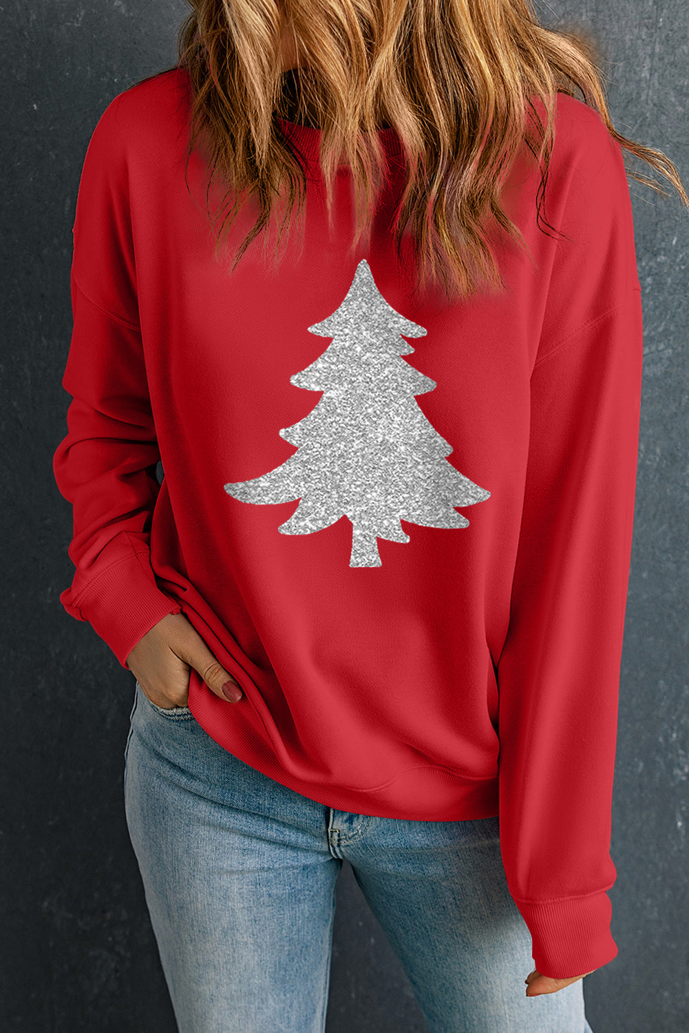 Red Silver Christmas Tree Printed Drop Shoulder Sweatshirt