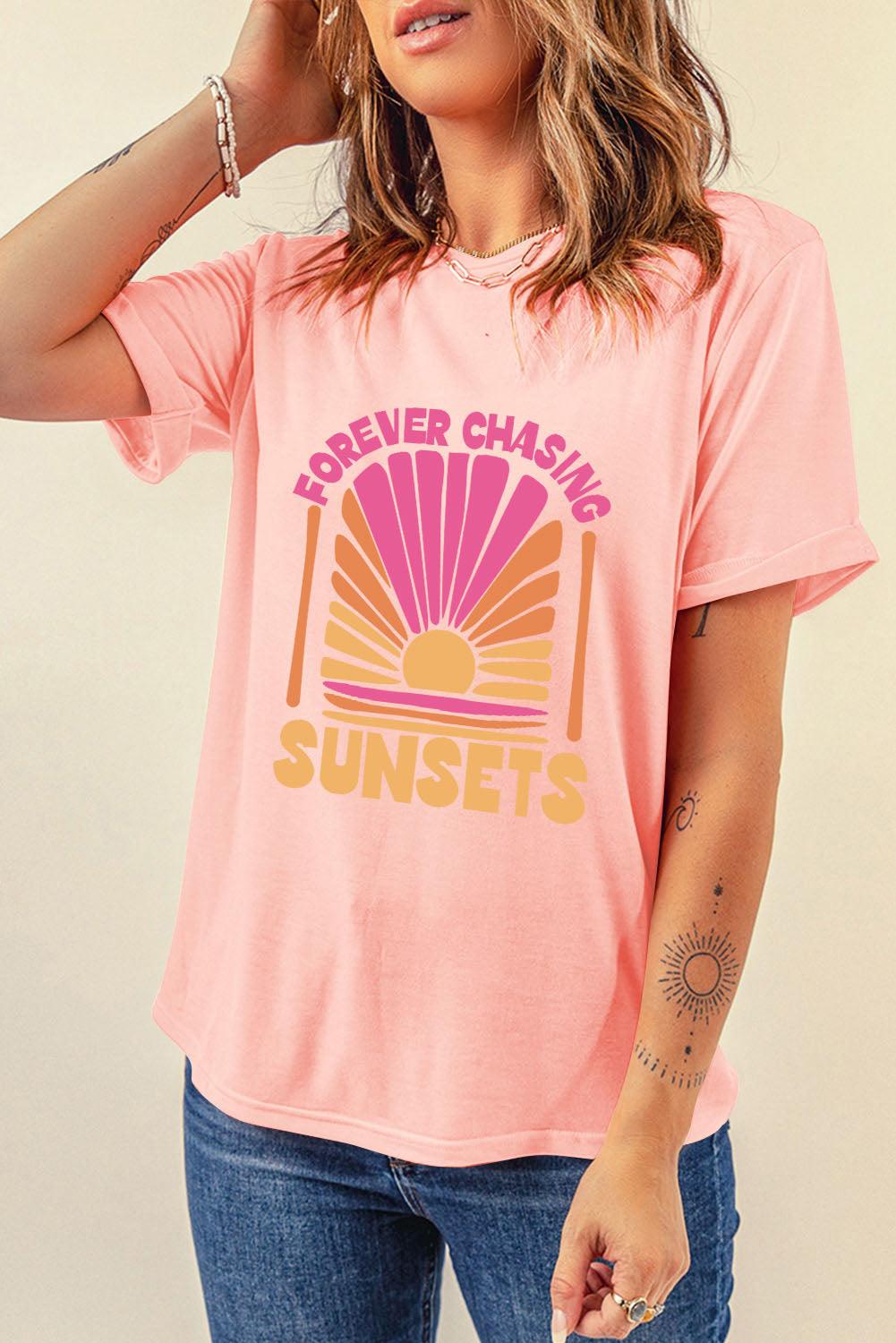 Pink FOREVER CHASING SUNSET Graphic T Shirt - L & M Kee, LLC