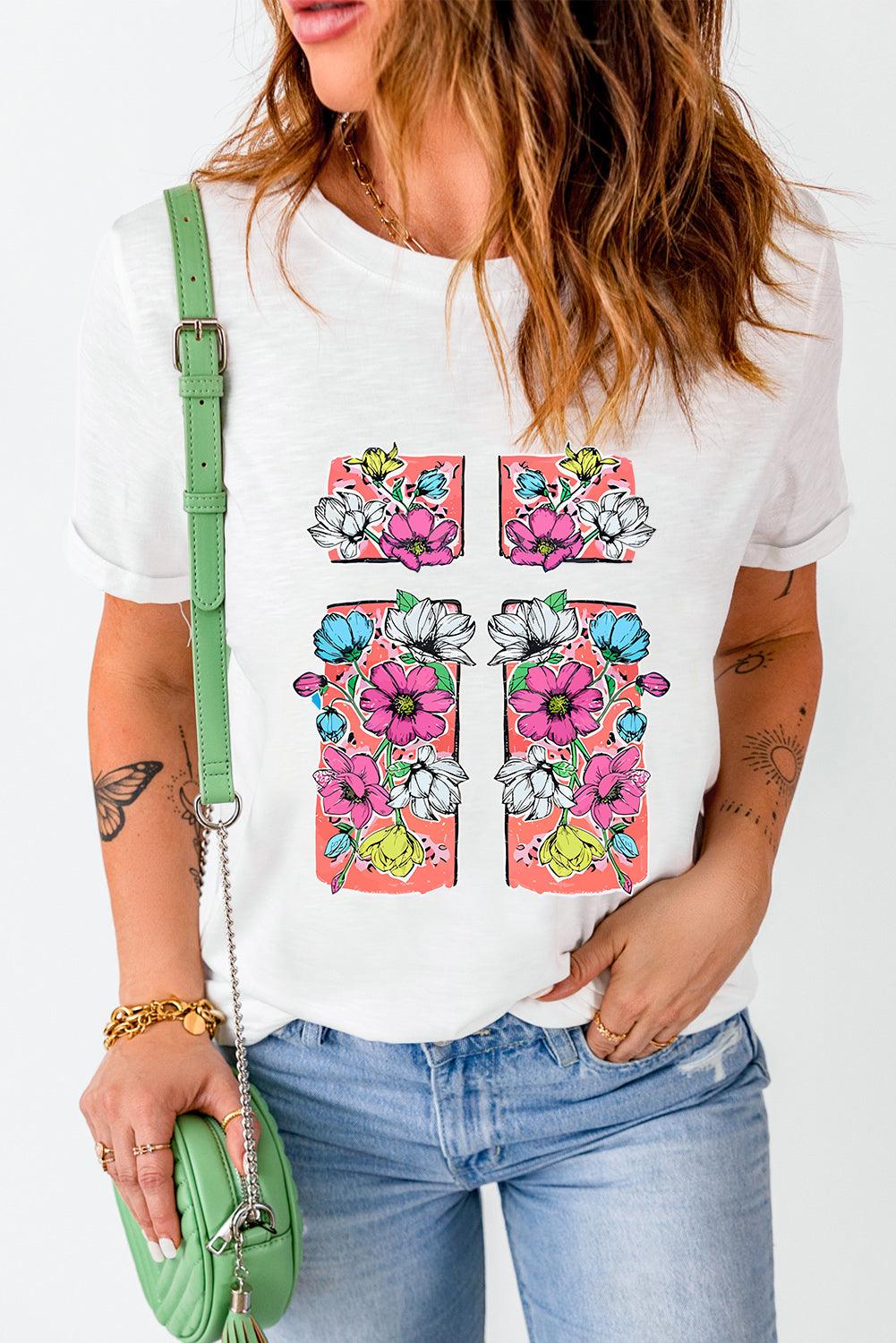 White Floral Crossed Graphic Easter Round Neck T Shirt - L & M Kee, LLC