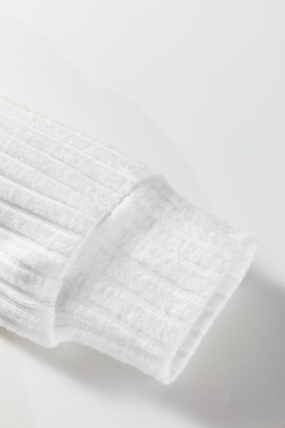 White Ribbed Texture Round Neck Long Sleeve Rounded Hem Knit Top