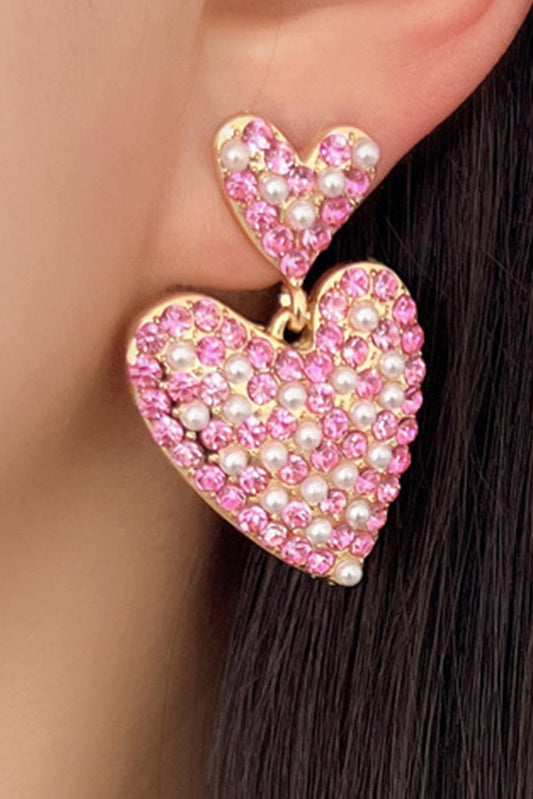 Pink Rhinestone Pearl Dual Heart Shape Valentine Earrings - L & M Kee, LLC