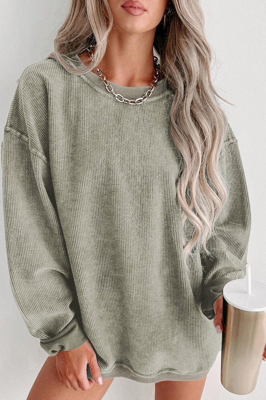 Green Solid Ribbed Knit Round Neck Pullover Sweatshirt - L & M Kee, LLC