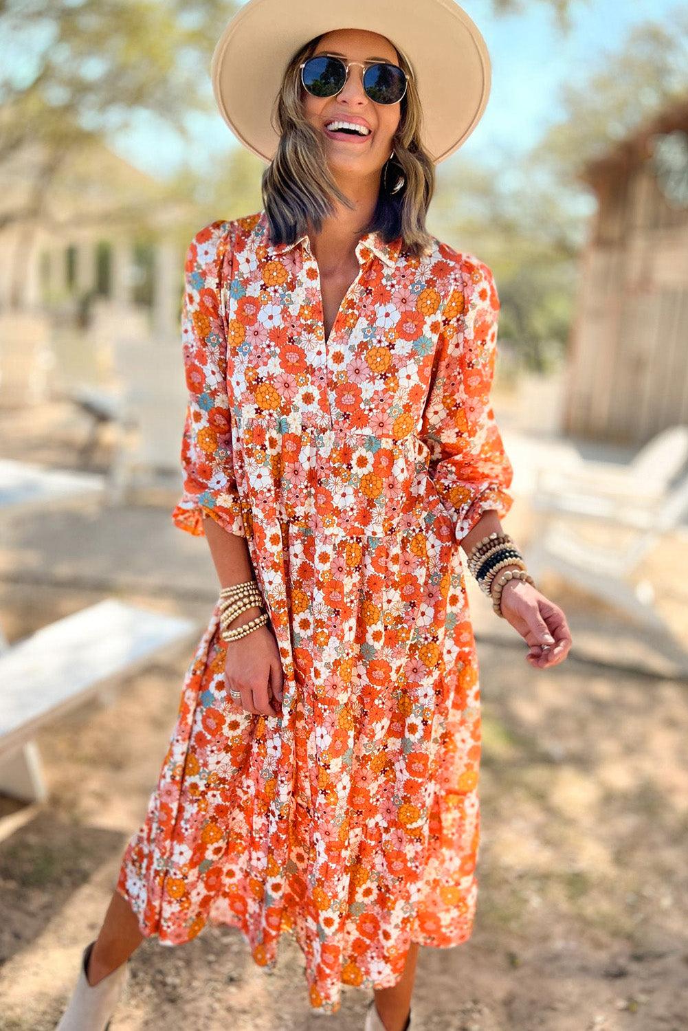 Multicolor Boho Floral Collared Long Sleeve Ruffled Dress - L & M Kee, LLC