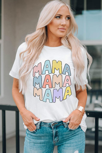 White MAMA Slogan Print Crew Neck Casual T Shirt - L & M Kee, LLC