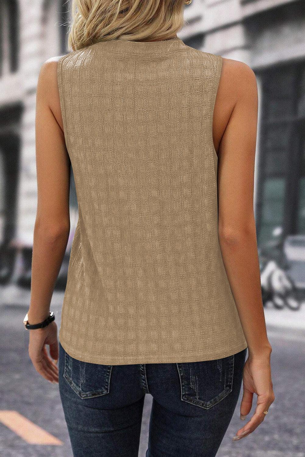 Light French Beige Lattice Textured Split Neck Tank Top - L & M Kee, LLC