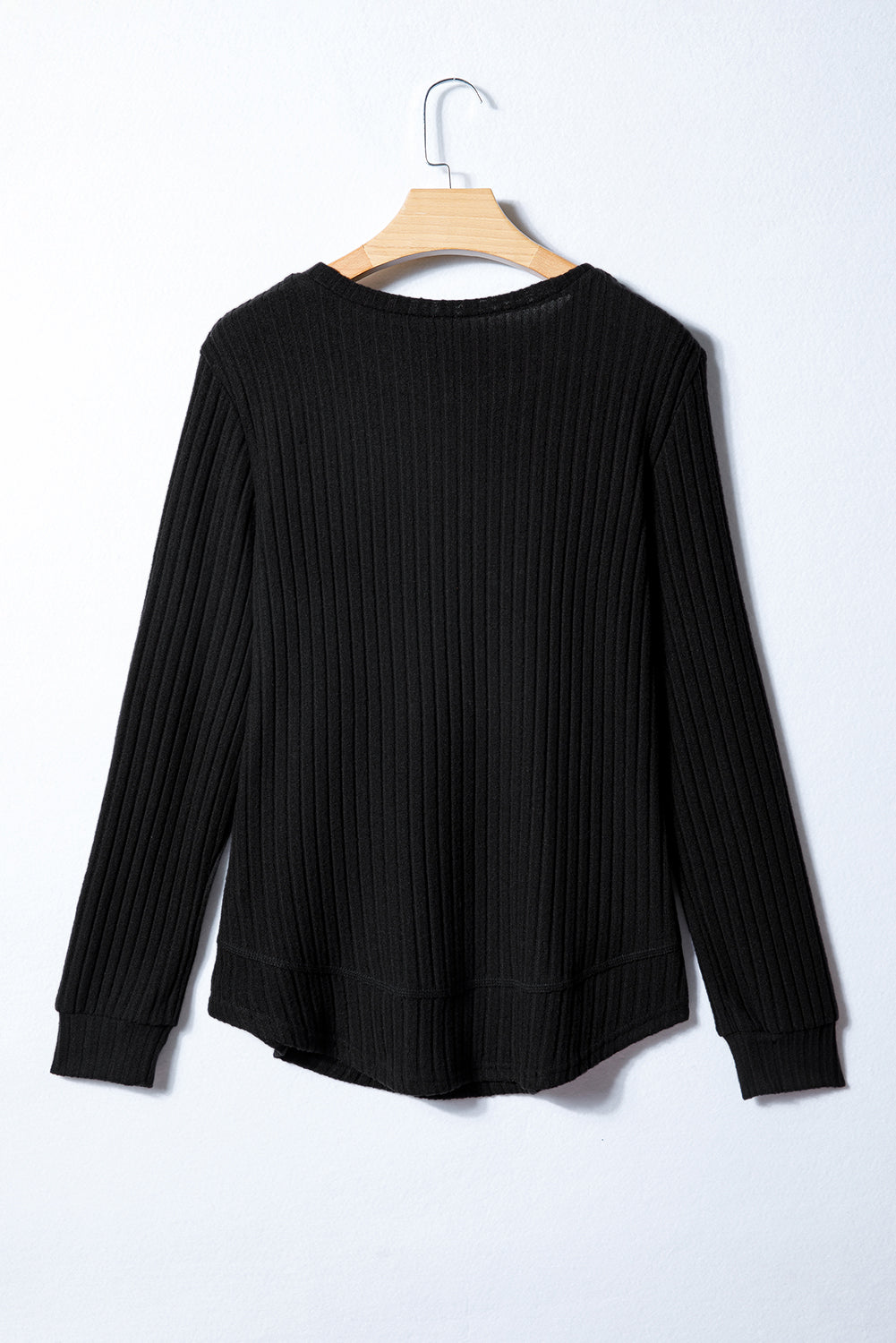 Black Ribbed Texture Round Neck Long Sleeve Rounded Hem Knit Top