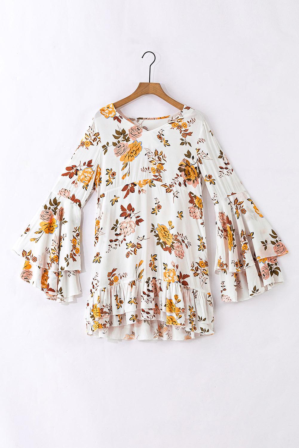 White Printed Floral Print Layered Sleeve Mini Dress - L & M Kee, LLC