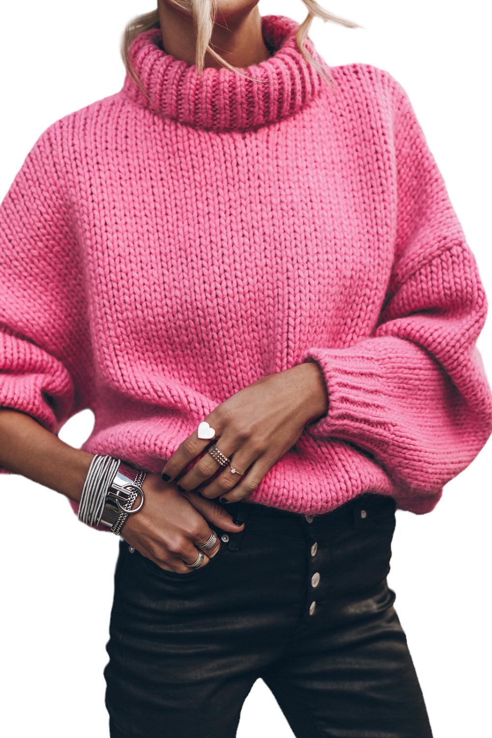 Rose Red Chunky Knit Turtle Neck Drop Shoulder Sweater - L & M Kee, LLC