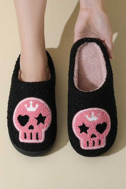 Black Halloween Skull Printed Plush Winter Home Slippers