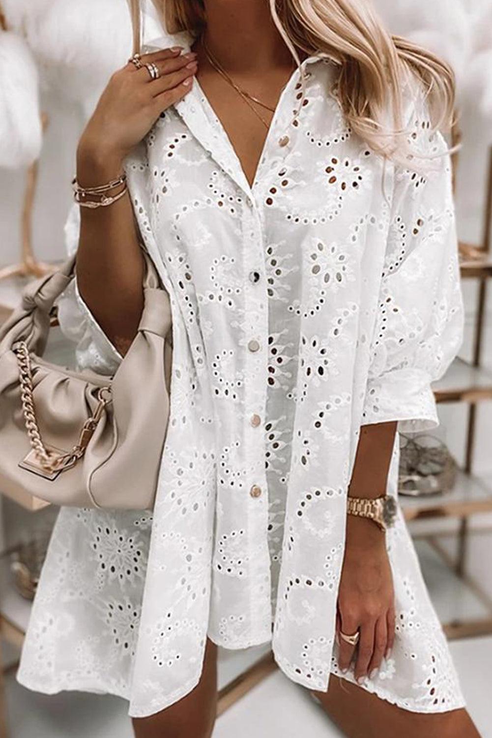 Eyelet Floral Pattern Shirt Babydoll Dress - L & M Kee, LLC