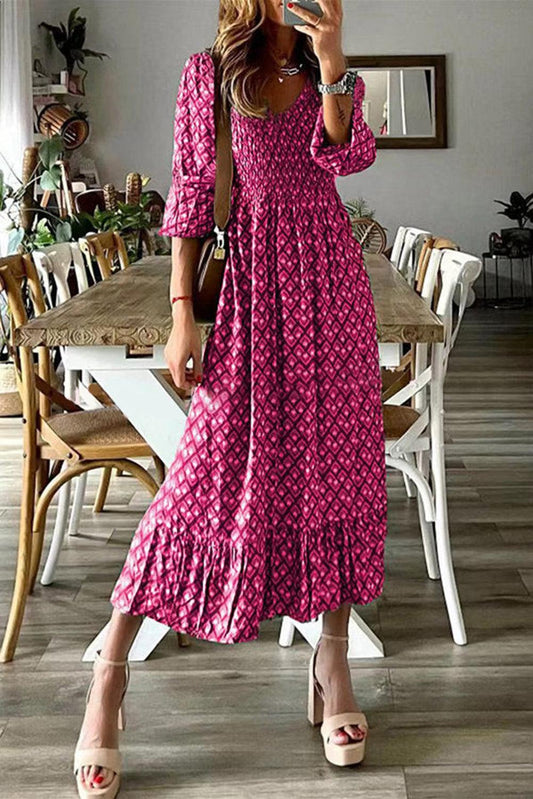 Geometric Print Shirred V Neck High Waist Long Dress - L & M Kee, LLC