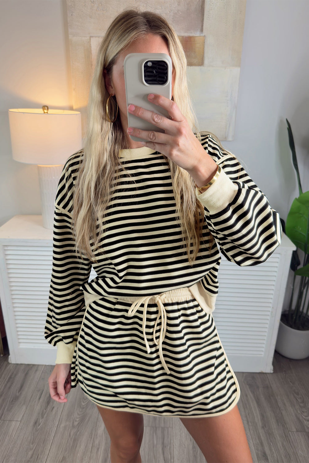 Black Stripe Textured Drop Shoulder Pullover Top Drawstring Mini Skirt Two Piece Dress Set