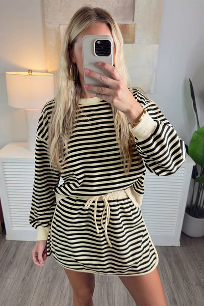 Black Stripe Textured Drop Shoulder Pullover Top Drawstring Mini Skirt Two Piece Dress Set