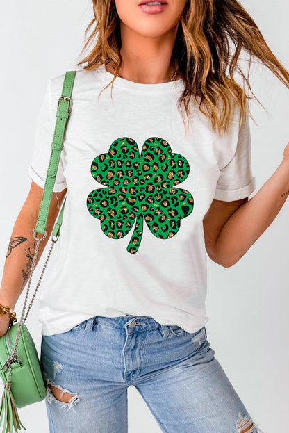 White Leopard Four Leaf Clover Graphic Tee - L & M Kee, LLC