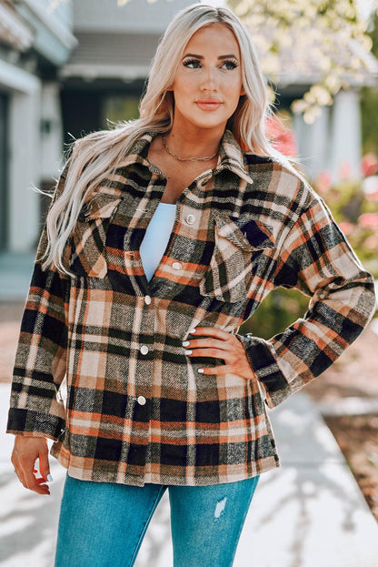 Orange Geometric Plaid Print Pocketed Shacket - L & M Kee, LLC