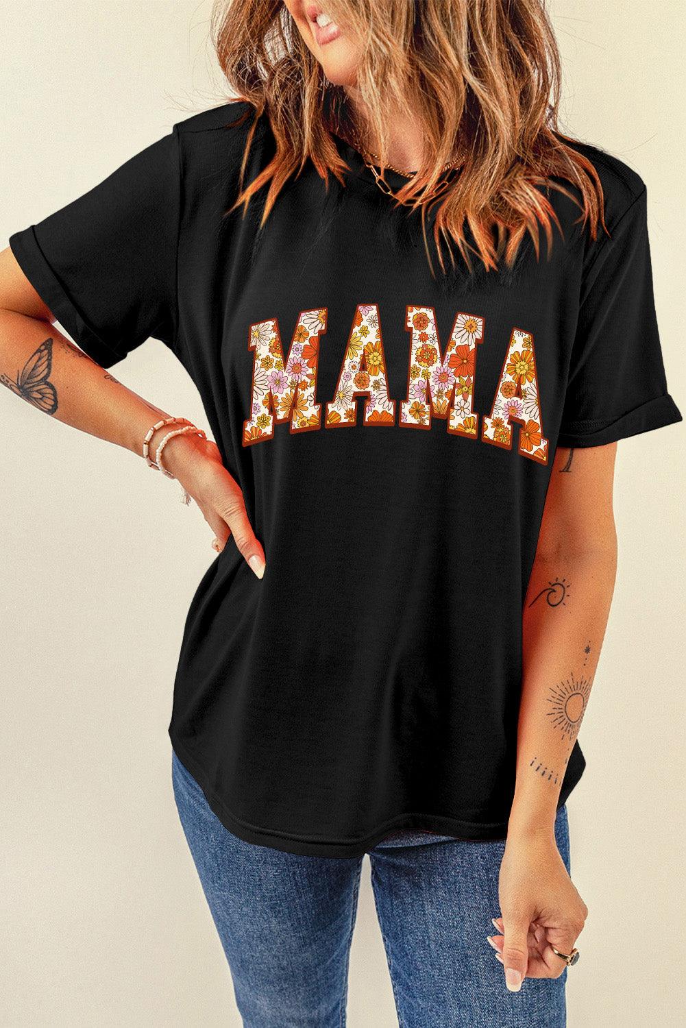 Black Flower Printed MAMA Letter Graphic T-shirt - L & M Kee, LLC