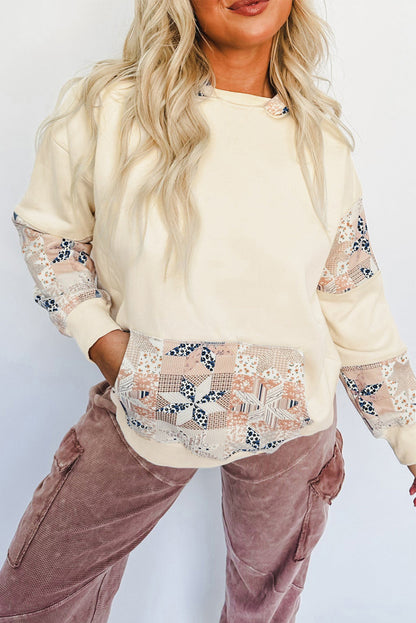 Beige Western Geo Pattern Patchwork Hoodie with Kangaroo Pocket