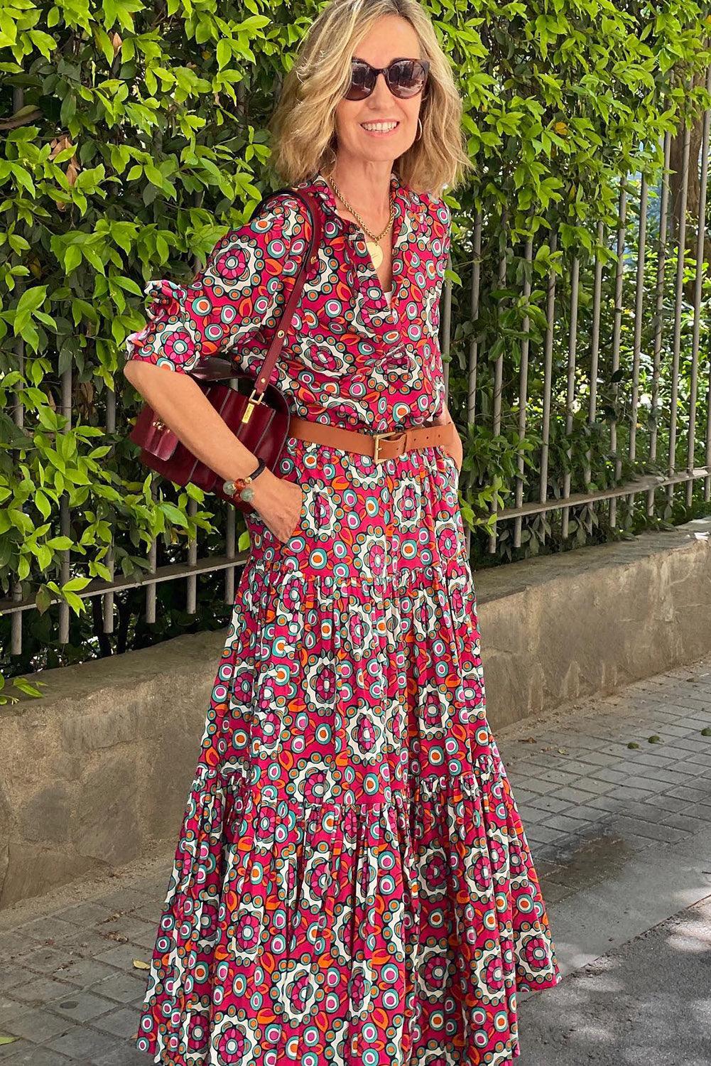 Floral Print Long Sleeve Shirt Bodice Flared Maxi Dress - L & M Kee, LLC