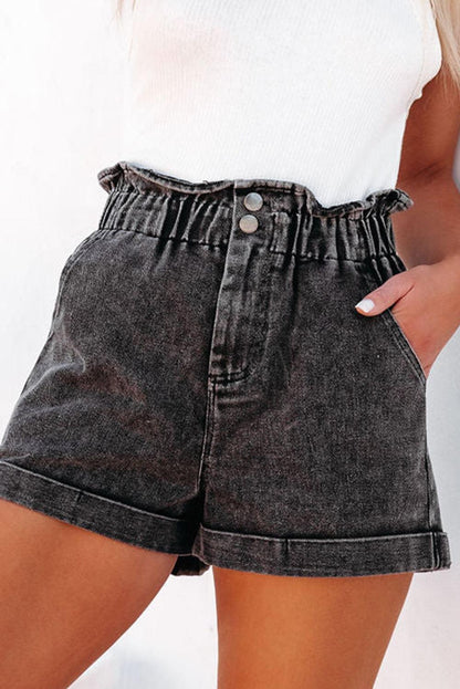 Black Vintage Washed Frilled High Waist Denim Shorts - L & M Kee, LLC