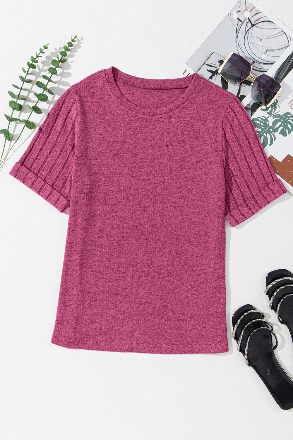 Bright Pink Ribbed Splicing Sleeve Round Neck T-shirt - L & M Kee, LLC