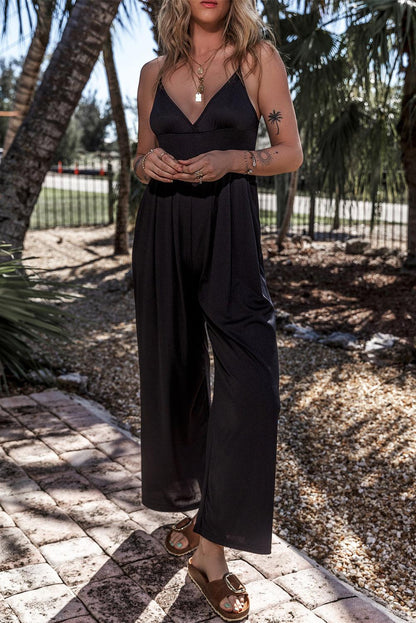 Black Wide Leg High Waist Sexy V Neck Cami Jumpsuit - L & M Kee, LLC