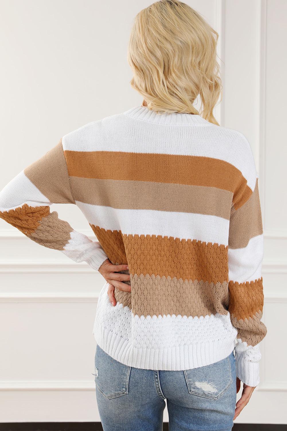 Chestnut Striped Cable Knit Drop Shoulder Sweater - L & M Kee, LLC