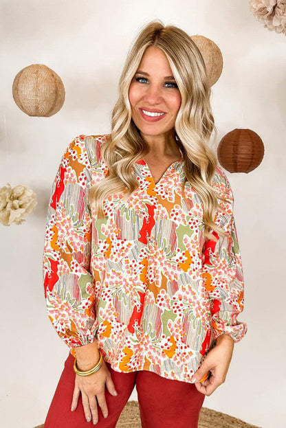 Orange Printed Split V Neck Puff Sleeve Blouse - L & M Kee, LLC